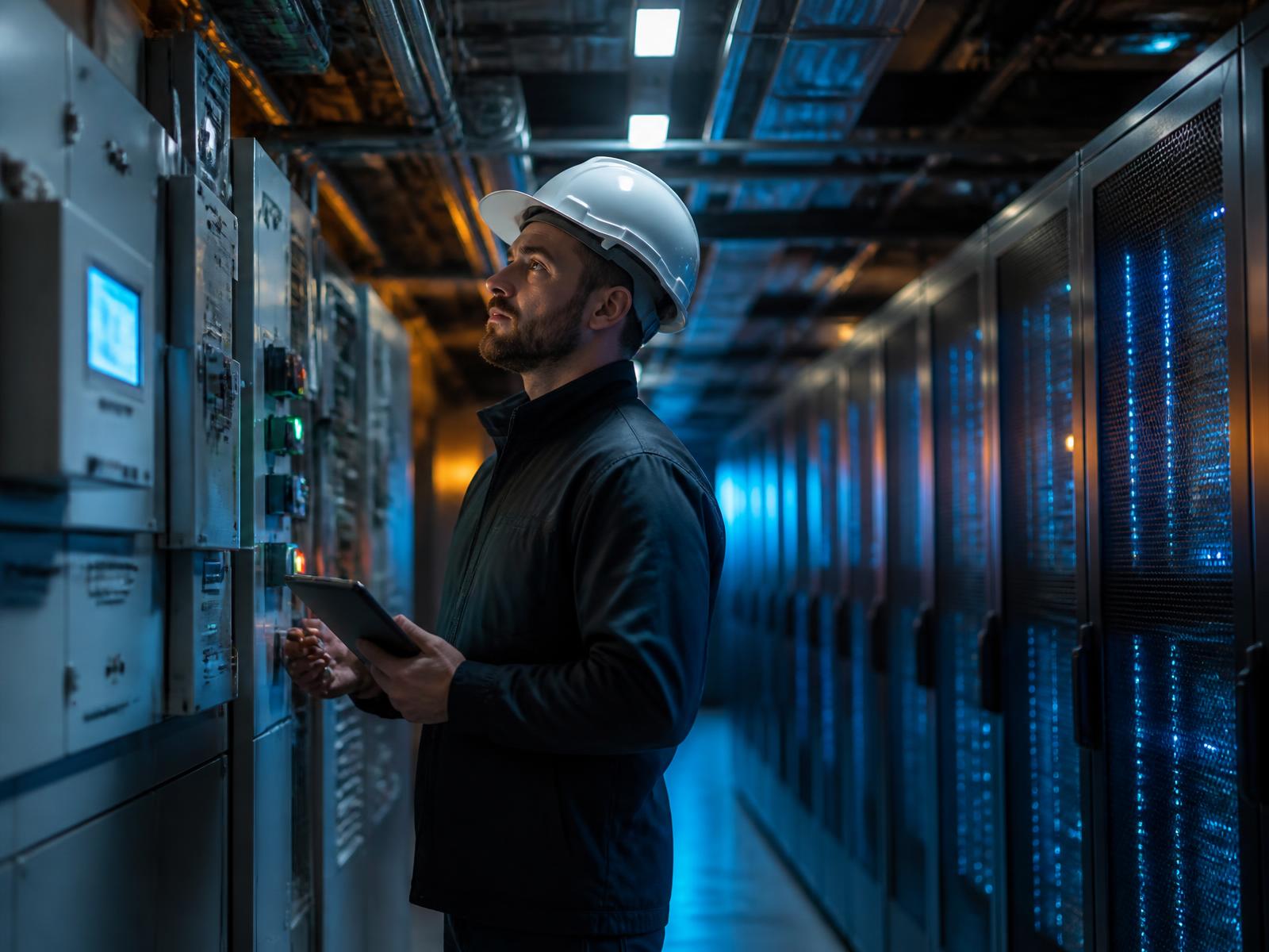 Building automation technician inspecting HVAC controls inside a modern data center